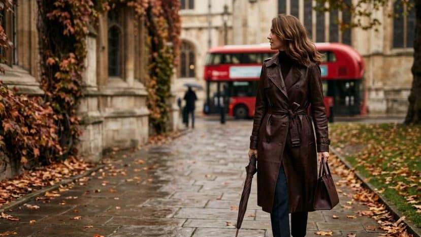 Thiếu nữ diện áo khoác măng tô dạo phố London bên xe buýt hai tầng