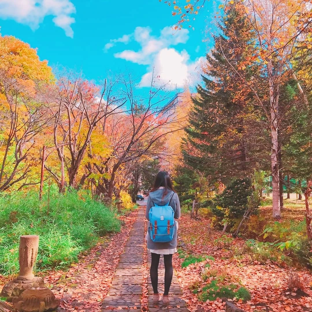 Du khách đeo ba lô dạo bước trên con đường lát đá ngập lá vàng thu Hokkaido