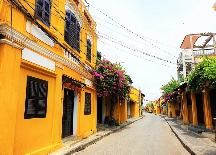 Góc phố cổ Hội An tường vàng rực rỡ bên giàn hoa giấy hồng tím